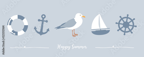 happy summer holiday banner design with gull sailing boat shell and anchor