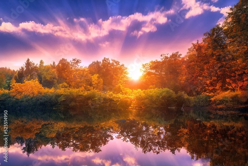 Autumn forest reflecting in a calm water of lake. Evening sunset sky. Beautiful tranquil landscape. Natural wallpaper.