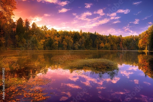 Autumn forest reflecting in a calm water of lake. Evening sunset sky. Beautiful tranquil landscape. Natural wallpaper.