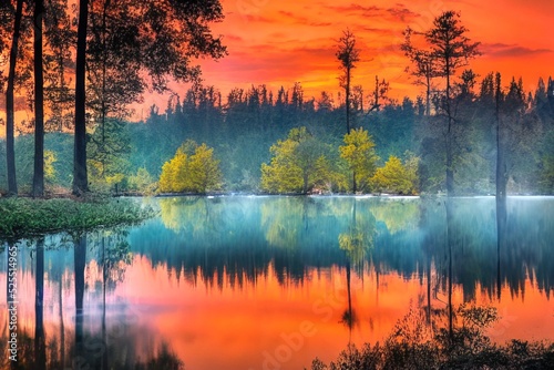 Autumn forest reflecting in a calm water of lake. Evening sunset sky. Beautiful tranquil landscape. Natural wallpaper.