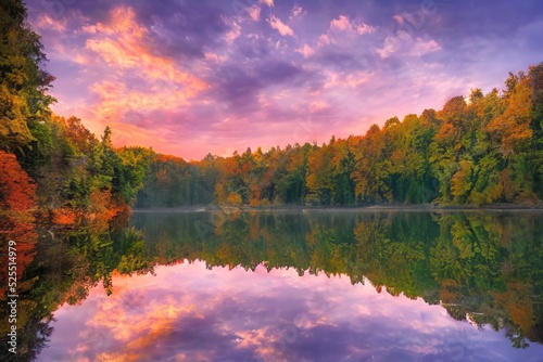 Autumn forest reflecting in a calm water of lake. Evening sunset sky. Beautiful tranquil landscape. Natural wallpaper.