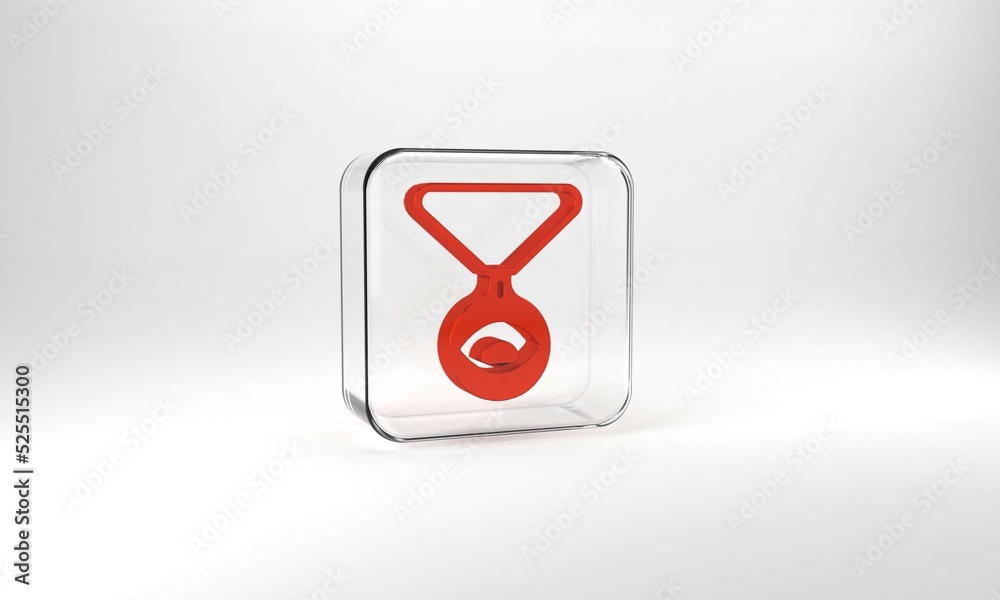 Red Medallion on a chain with eye icon isolated on grey background. Magic amulet with eye. Glass square button. 3d illustration 3D render Red Medallion on a chain with eye icon isolated on grey background. Magic amulet with eye. Glass square button. 3d illustration 3D render