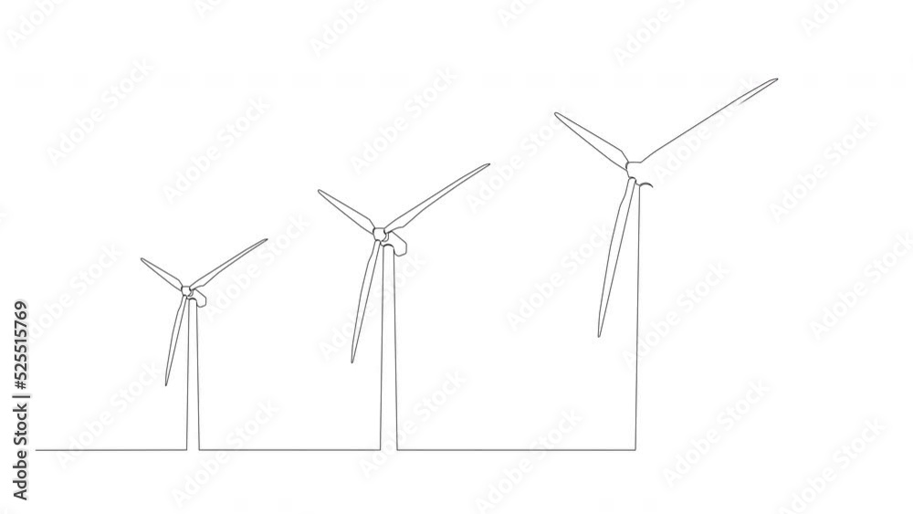 animated continuous single line drawing of wind turbines, renewable ...
