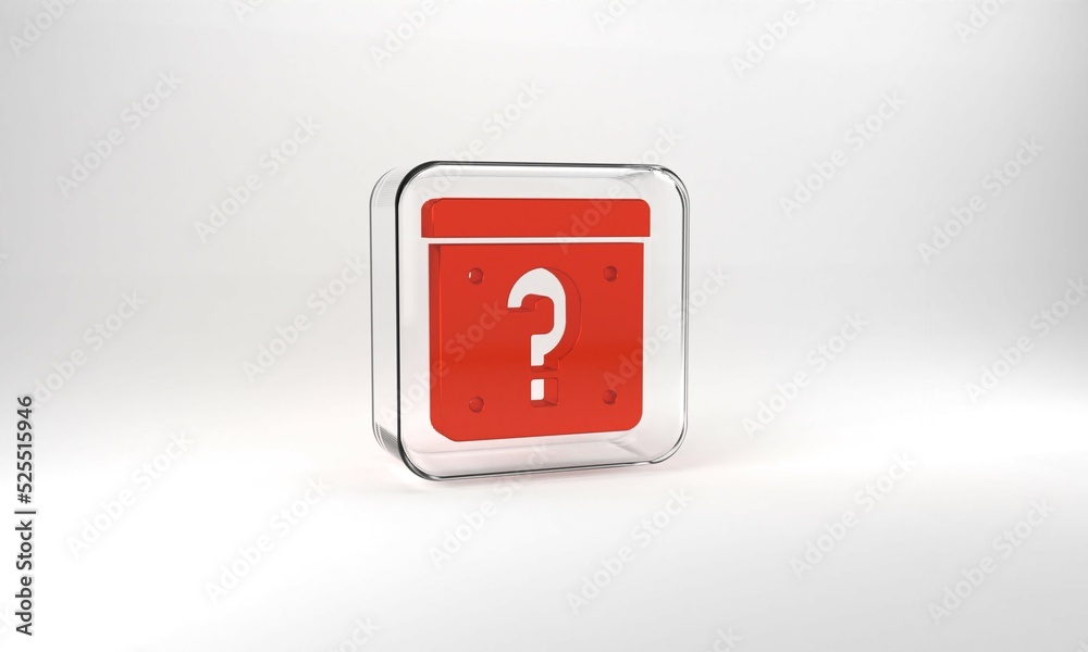 Red Mystery box or random loot box for games icon isolated on grey background. Question mark. Unknown surprise box. Glass square button. 3d illustration 3D render Red Mystery box or random loot box for games icon isolated on grey background. Question mark. Unknown surprise box. Glass square button. 3d illustration 3D render