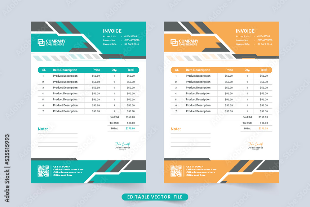 Modern business invoice template with abstract shapes. Business stationery and product purchase receipt decoration. Creative payment agreement and invoice template vector with blue and yellow colors.