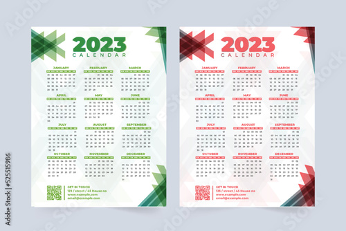 Modern 2023 calendar design with abstract shapes. Creative corporate business calendar and desk organizer template with red and green colors. Annual calendar design for 2023 new year.