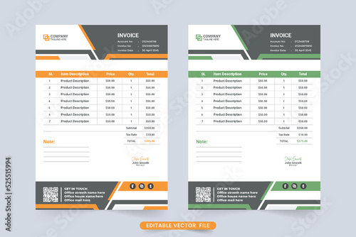 Creative product purchase and payment receipt invoice design. Modern business invoice template and cash receipt vector with yellow and green colors. Invoice template with price and info sections.
