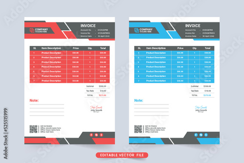 Digital business invoice design with abstract shapes. Creative minimal invoice template with red and blue colors. Print ready payment agreement and billing paper decoration for corporate business.