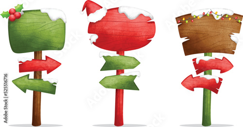Watercolor Illustration set of Christmas arrow wooden sign