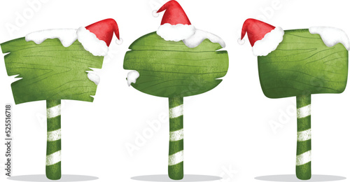Watercolor Illustration set of Christmas green wooden sign