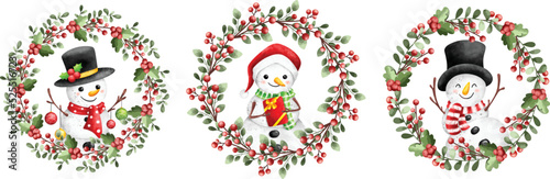 Watercolor Illustration set of Christmas Wreath with snowman
