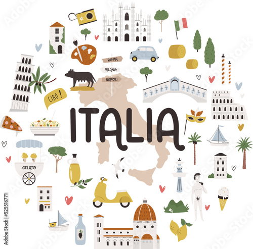 Circle decoration, emblem with famous symbols and landmarks of Italy