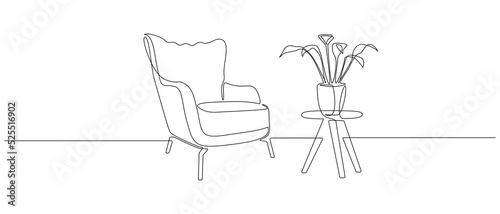 One continuous line drawing of armchair and lamp and potted plant. Modern rustic furniture for living room interior in simple linear style. Editable stroke. Doodle Vector illustration