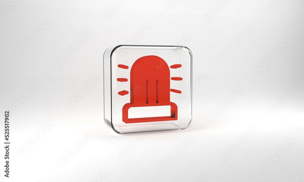 Red Flasher siren icon isolated on grey background. Emergency flashing siren. Glass square button. 3d illustration 3D render Red Flasher siren icon isolated on grey background. Emergency flashing siren. Glass square button. 3d illustration 3D render