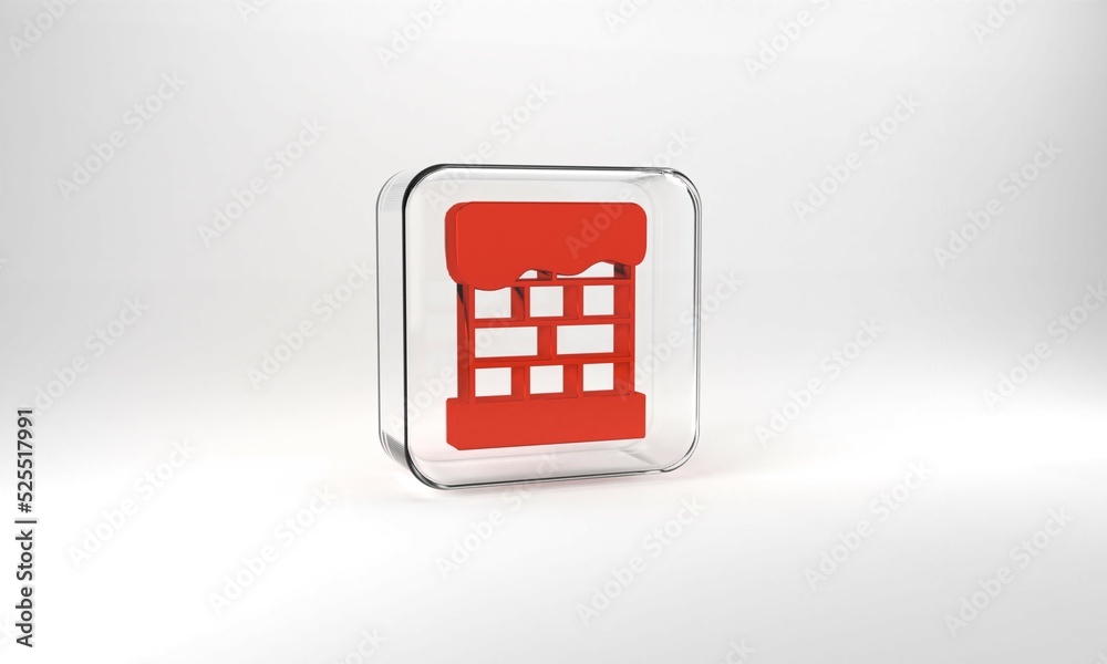 Red Christmas chimney icon isolated on grey background. Merry Christmas and Happy New Year. Glass square button. 3d illustration 3D render Red Christmas chimney icon isolated on grey background. Merry Christmas and Happy New Year. Glass square button. 3d illustration 3D render