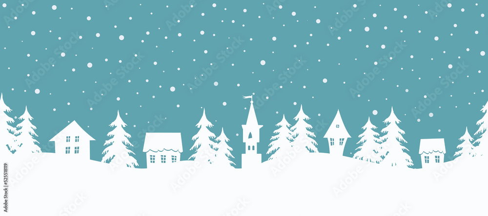 Christmas background. Seamless border. Fairy tale winter landscape. There are white houses and fir trees on a blue background. Vector illustration