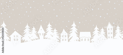 Christmas background. Seamless border. winter landscape. white houses and fir trees on a beige background. Vector illustration