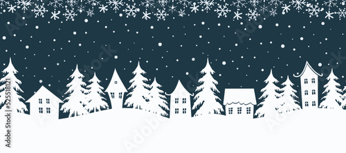 Christmas background. Seamless border. Winter landscape. white houses and fir trees on a dark blue background. Vector illustration