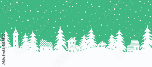 Christmas background. Seamless border. winter landscape. white houses and fir trees on a green background. Vector illustration