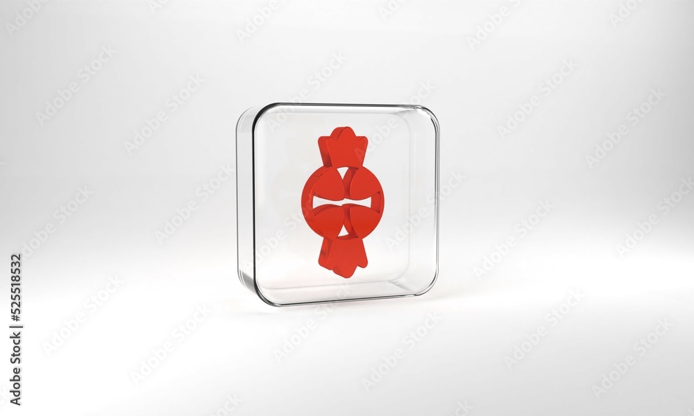 Red Candy icon isolated on grey background. Merry Christmas and Happy New Year. Glass square button. 3d illustration 3D render Red Candy icon isolated on grey background. Merry Christmas and Happy New Year. Glass square button. 3d illustration 3D render