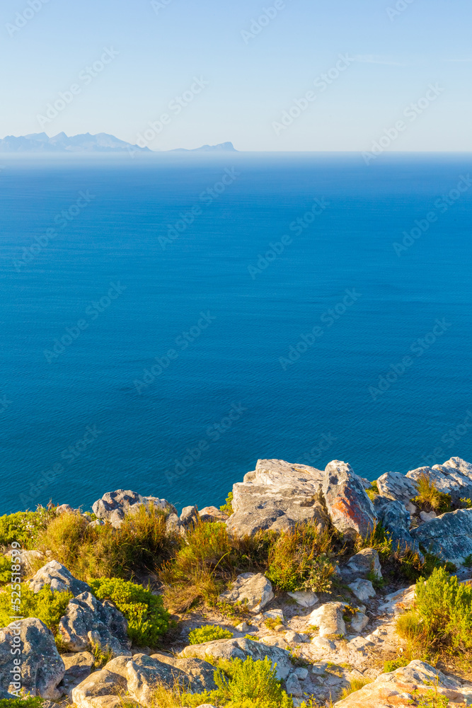 Coastal mountain landscape with fynbos flora in Cape Town.