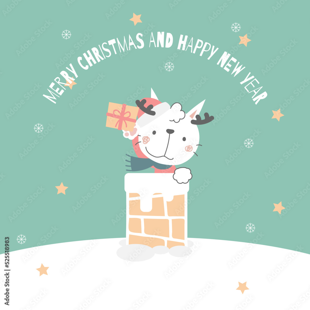 Naklejka premium merry christmas and happy new year with cute white cat and gift box present and chimney in the winter season green background, flat vector illustration cartoon character costume design