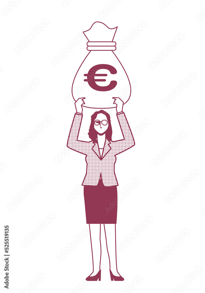 Obraz premium ユーロの金袋を持つ女性ビジネスマンのイラスト8等身 金融イメージ 線画モノクロ