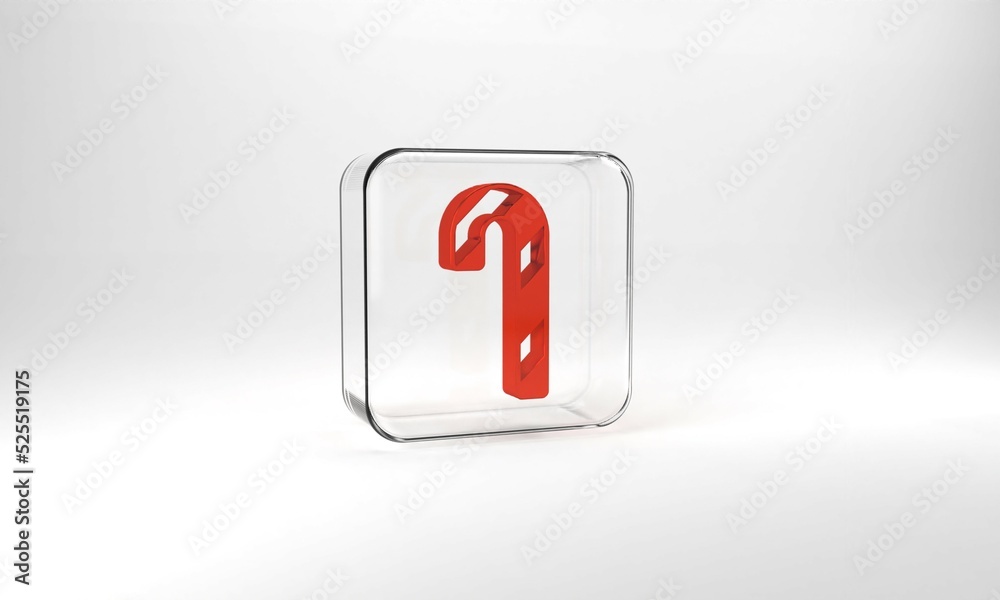 Red Christmas candy cane with stripes icon isolated on grey background. Merry Christmas and Happy New Year. Glass square button. 3d illustration 3D render Red Christmas candy cane with stripes icon isolated on grey background. Merry Christmas and Happy New Year. Glass square button. 3d illustration 3D render