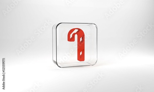 Red Christmas candy cane with stripes icon isolated on grey background. Merry Christmas and Happy New Year. Glass square button. 3d illustration 3D render