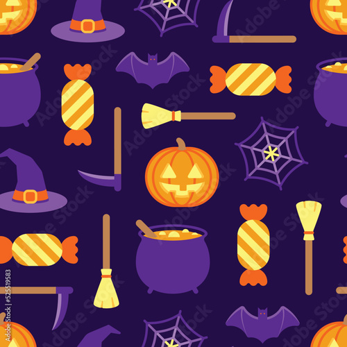 Halloween themed seamless pattern of orange and purple colored icons