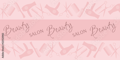 Background with scissors, combs, hair dryer. Design for beauty salon and hairdresser.