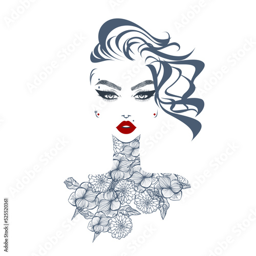 Beautiful sexy woman, red lips, flower tattoo, fashion woman, septum and eyebrow piercings, short curly hairstyle, hair salon sign, icon. Beauty Logo. Vector illustration. Logo tattoo studio.