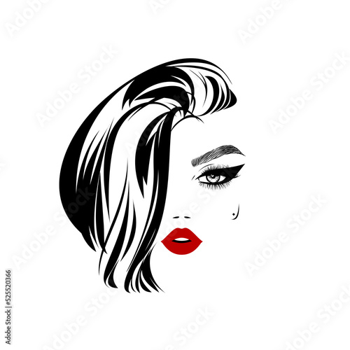 Beauty logo  beautiful woman face  sexy red lips  eyelash extensions  fashion woman  short hairstyle  date makeup  hair salon sign  icon. Wallpaper background. Vector illustration. 