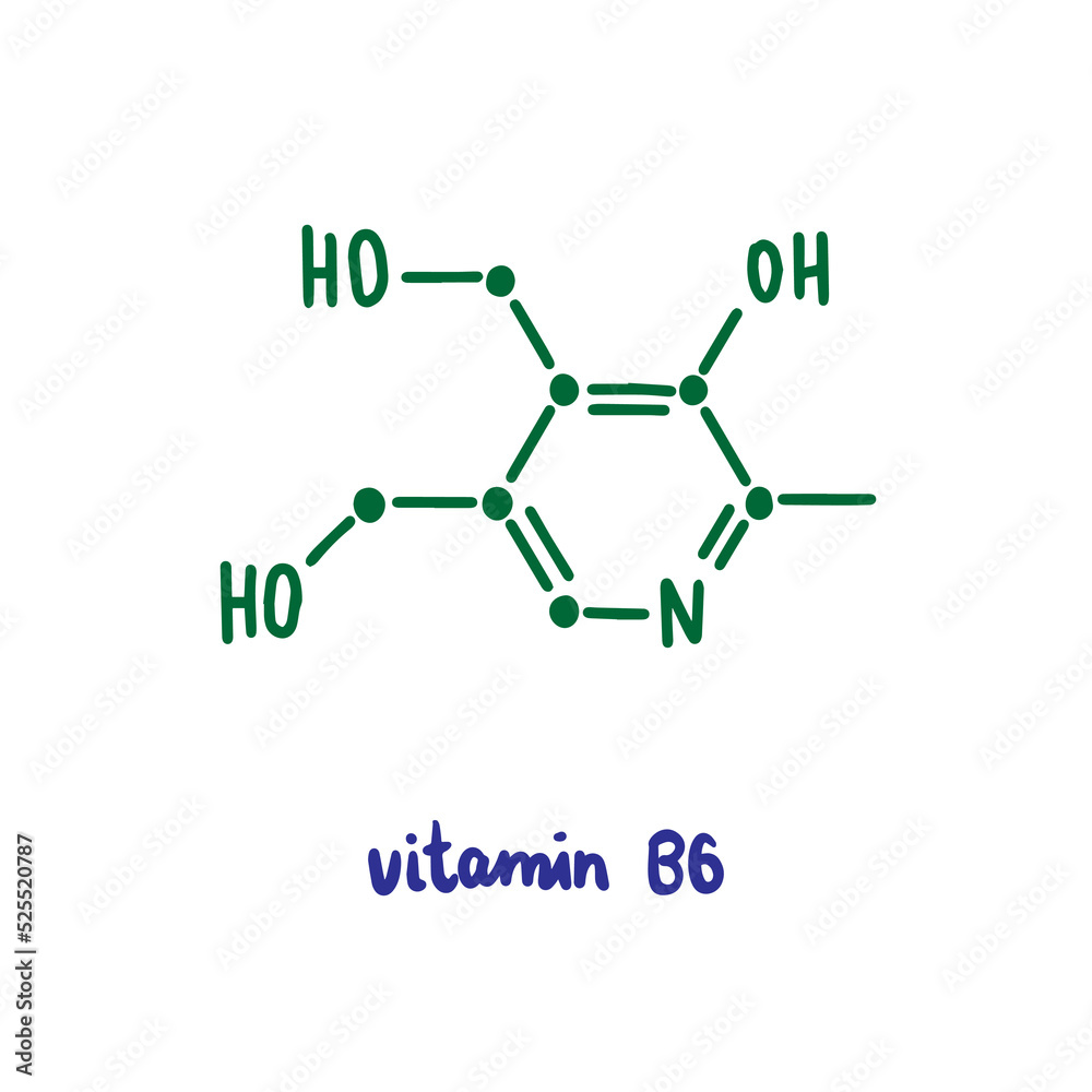 Vitamin b6 hand drawn vector formula chemical structure lettering blue green Vitamin b6 hand drawn vector formula chemical structure lettering blue green