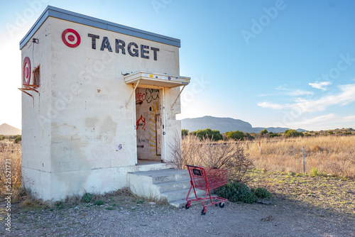 Marathon mini Target art building and shopping cart close to Big Bend National Park Texas photo