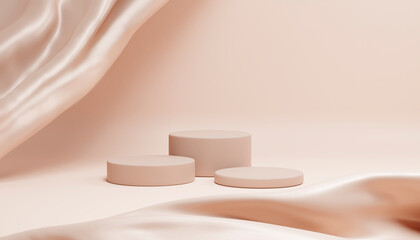 Luxury beauty product podium stage with silk fabric on pink background. Premium brand showcase mockup template. Studio stage scene display. Soft and creamy pastel aesthetic.