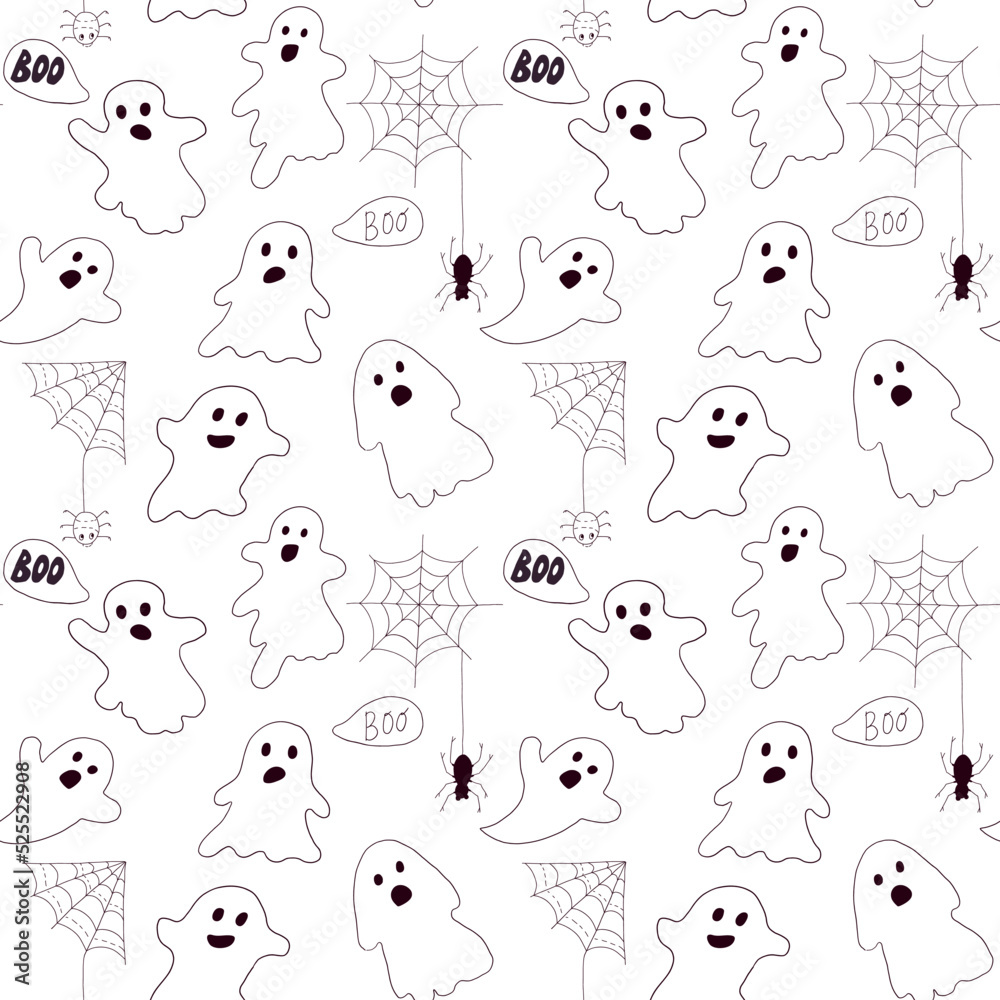 Seamless pattern with cute ghosts for Halloween. Hand drawn vector illustration.