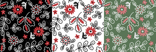Set of seamless patterns with stylized ukrainian folk floral elements on colored background. Ethnic ornament based on embroidery tradition. Can be used for decoration, surface and paper print design