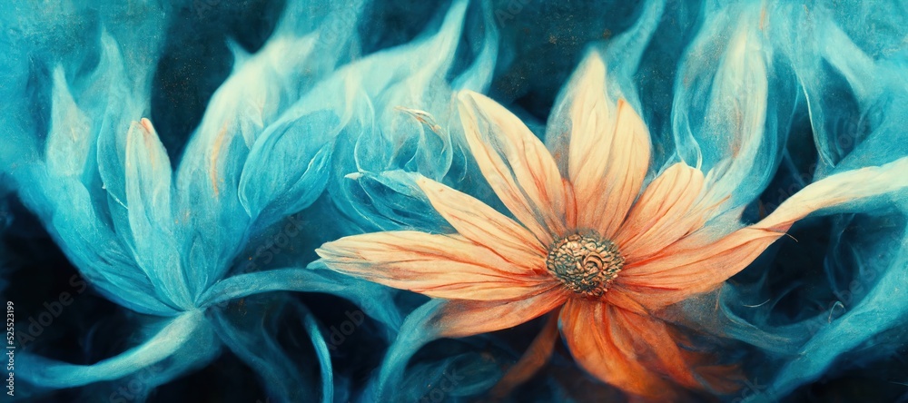 Ethereal surreal daisy flowers art in lovely ice blue cold fusion colors, flowing fiery background bokeh blur. Unique and sublime blooming spring vibes.   
