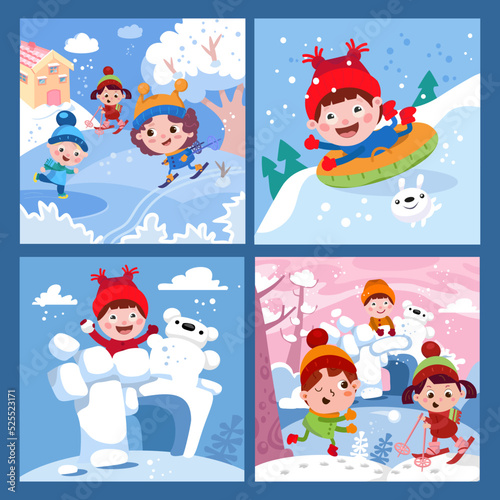 Set of winter scenes. Cute kids playing snowballs near the snow fort, skiing, skating, tubing. Playground for children. Cartoon characters, vector illustration.