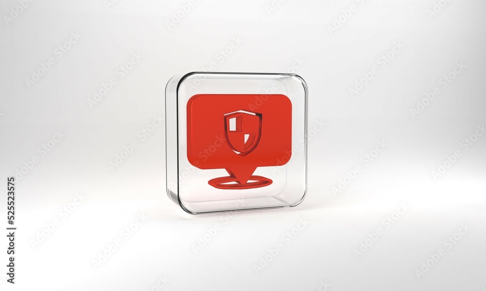 Red Location shield icon isolated on grey background. Insurance concept. Guard sign. Security, safety, protection, privacy concept. Glass square button. 3d illustration 3D render Red Location shield icon isolated on grey background. Insurance concept. Guard sign. Security, safety, protection, privacy concept. Glass square button. 3d illustration 3D render