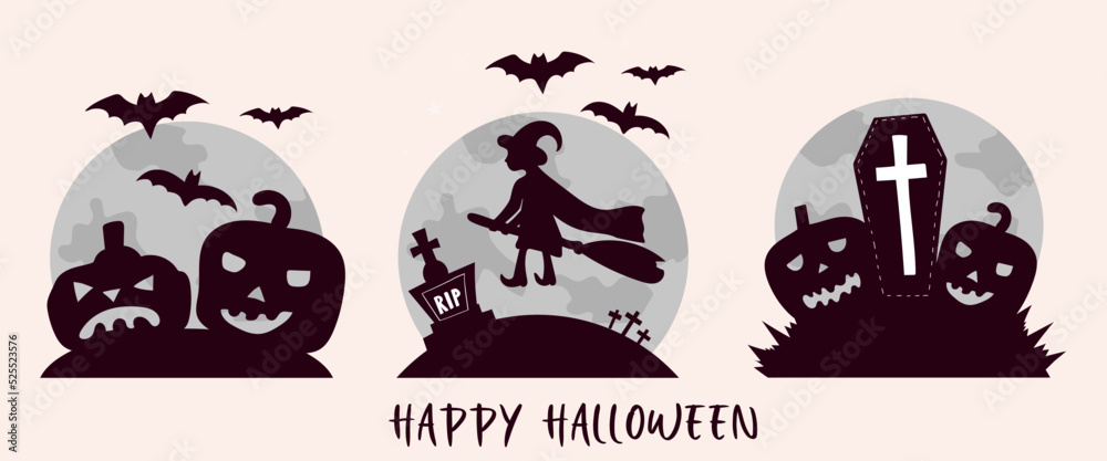 Happy Halloween . elements for a greeting card, invitation card for a party or sale. Autumn Holiday. Flat vector illustration in dark colors