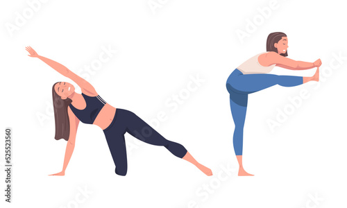 Young women doing yoga. Girls in sports outfit practicing different asanas at class. Physical and spiritual practice cartoon vector illustration