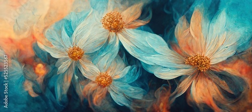 Ethereal surreal daisy flowers art in lovely ice blue cold fusion colors, flowing fiery background bokeh blur. Unique and sublime blooming spring vibes. 