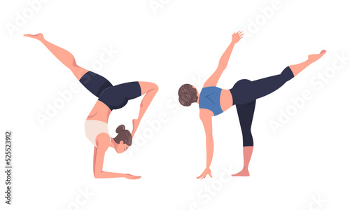 Women doing yoga. Girls in sports outfit practicing different asanas at class cartoon vector illustration