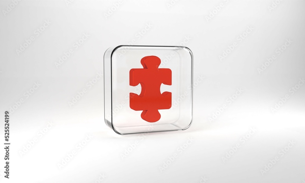 Obraz premium Red Puzzle pieces toy icon isolated on grey background. Glass square button. 3d illustration 3D render