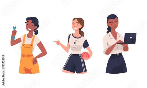 Women of different professions set. Woman working as locksmith, volleyball player, programmer cartoon vector illustration