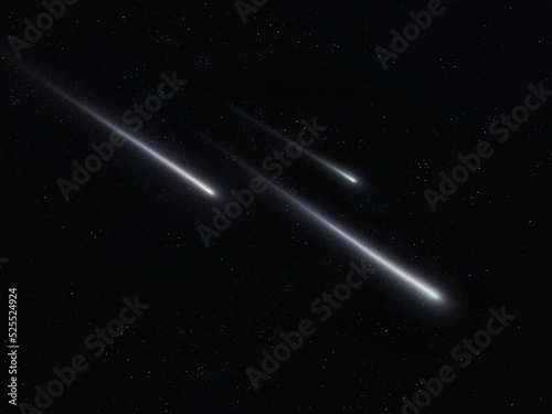 Three meteors in the night sky with stars. Fall of meteorites. Meteor trails. Shooting stars.