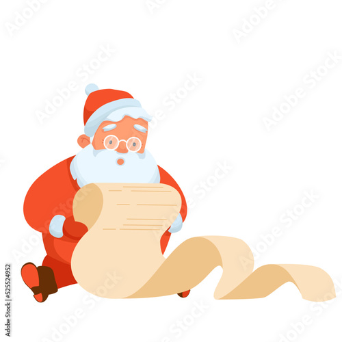 Winter holidays illustration. Santa Claus reading list of wishes. Funny cartoon Santa Claus is shocked by the view of desires. Vector design isolated on white background.
