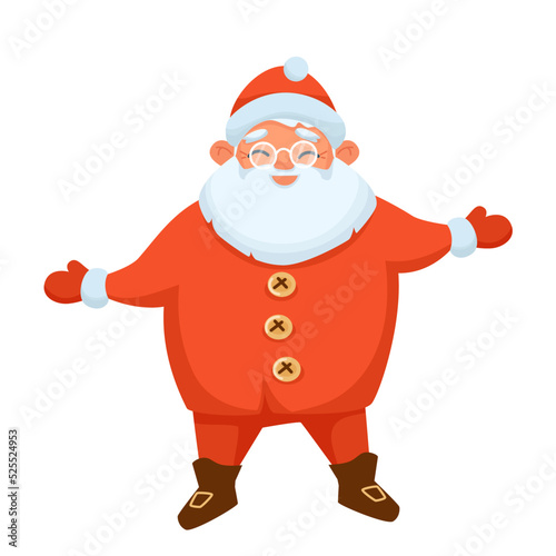Happy Christmas illustration. Smiling cartoon Santa Claus stands hands wide open for season greetings and hugs. Vector illustration isolated on white. Great for winter banners and posters. 